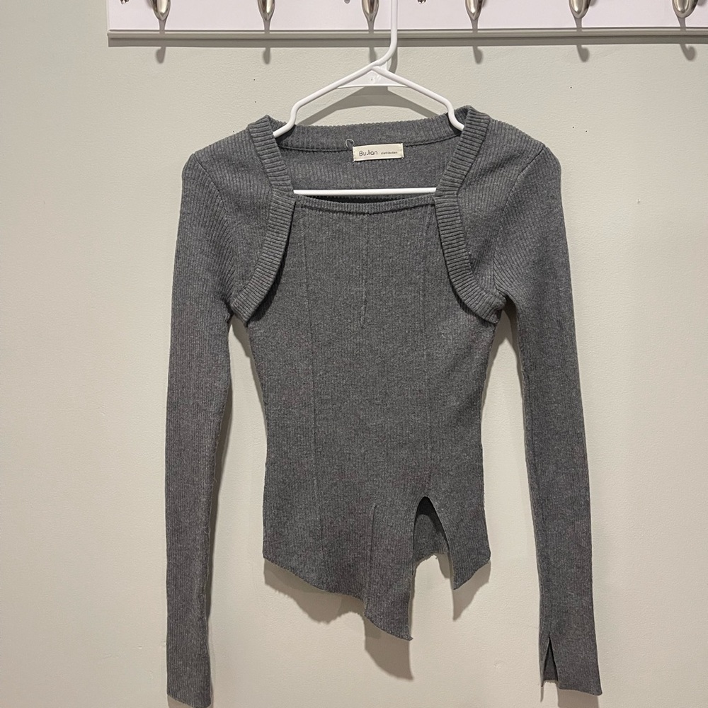 Bujian Ribbed Knit Asymmetrical Long sleeve top